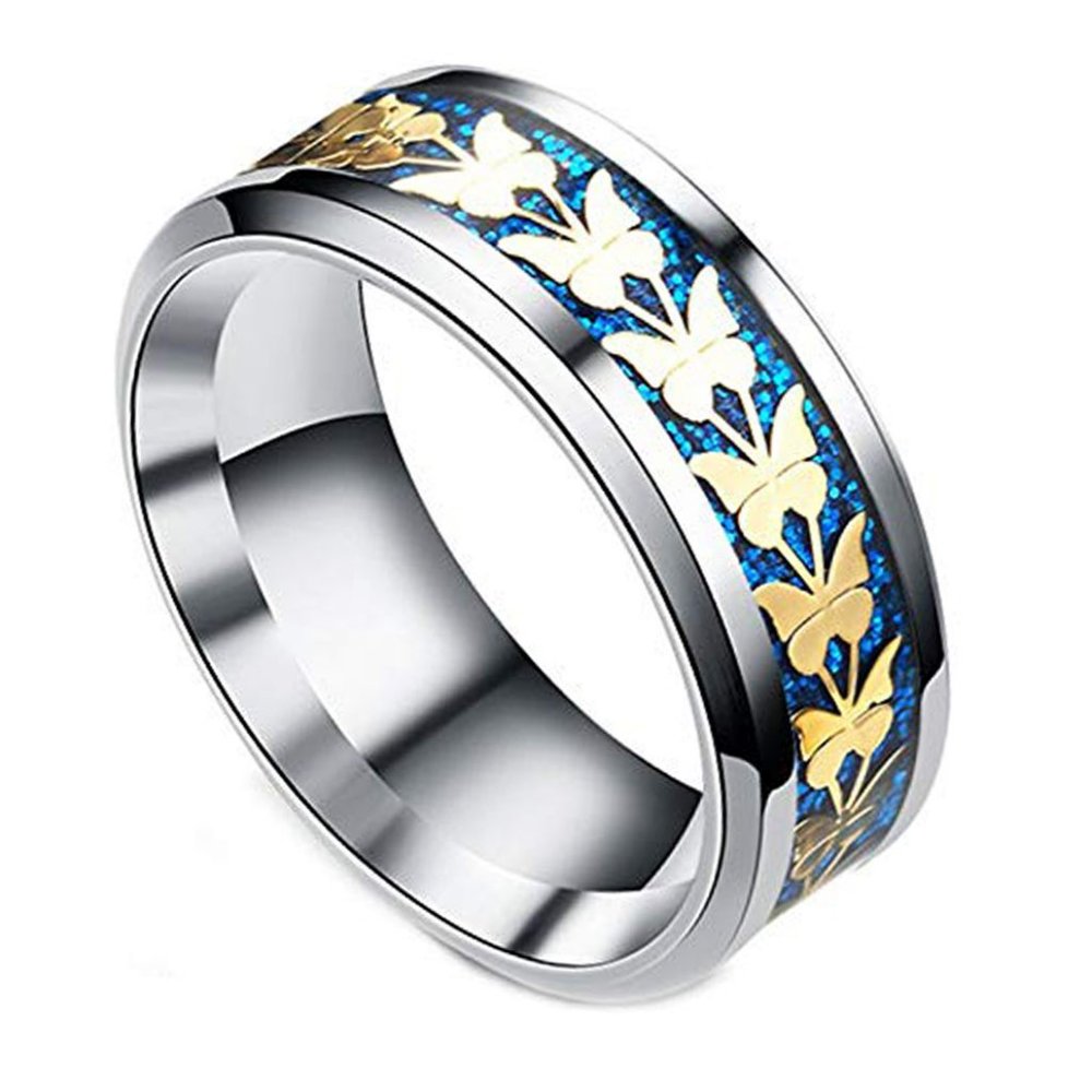 Womens Butterfly Wedding Band. Silver Steel Ring w/ Butterflies over Blue Inlay